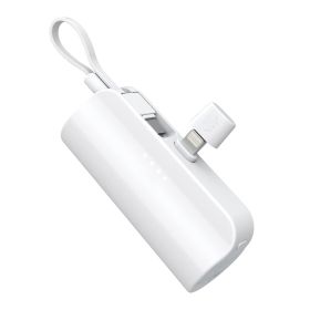 5000mAh Portable Phone Charger Built-in Type-C IOS Cable Dual Output Power Bank Compact Size Compatible with IOS Phone Samsung (Color: White)